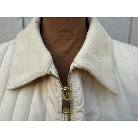 Banana Republic Women's Ivory Quilted Jacket With Faux Sued Collar & Trim Sz XL - Picture 2 of 13